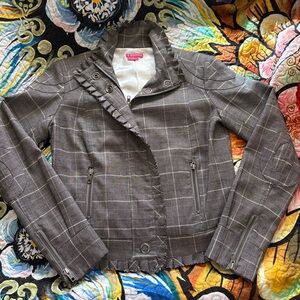 BCBGirls Gray Checkered Blazer with Ruffle Trim